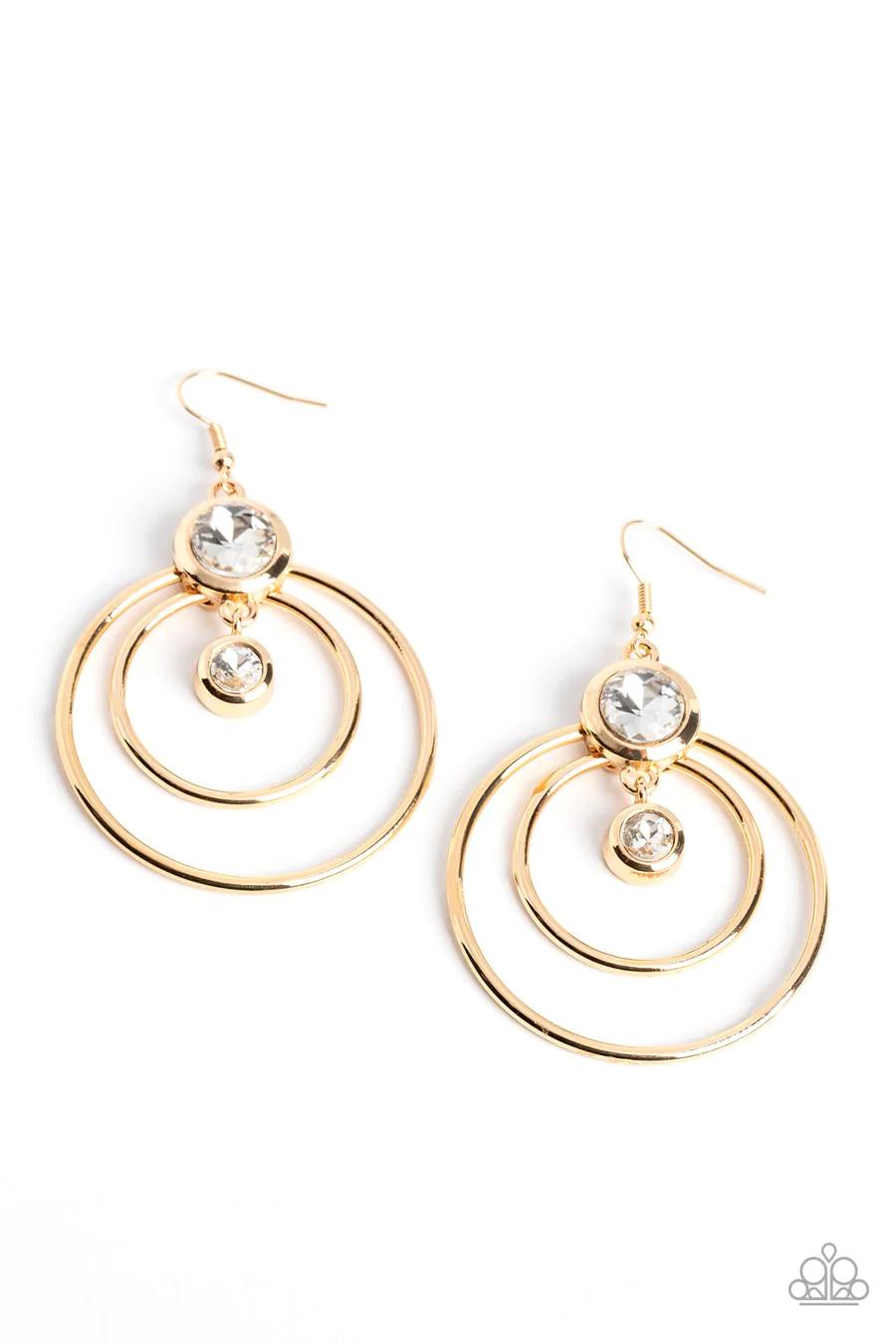 PERFECT MATCH / SET: Elegantly Elite - Gold Circle White Rhinestone Short Necklace, Classically Cultivated - Gold Circle White Rhinestone Slide Bracelet, AND Dapperly Deluxe - Gold Circle White Rhinestone Fishhook Earrings