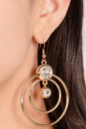 PERFECT MATCH / SET: Elegantly Elite - Gold Circle White Rhinestone Short Necklace, Classically Cultivated - Gold Circle White Rhinestone Slide Bracelet, AND Dapperly Deluxe - Gold Circle White Rhinestone Fishhook Earrings