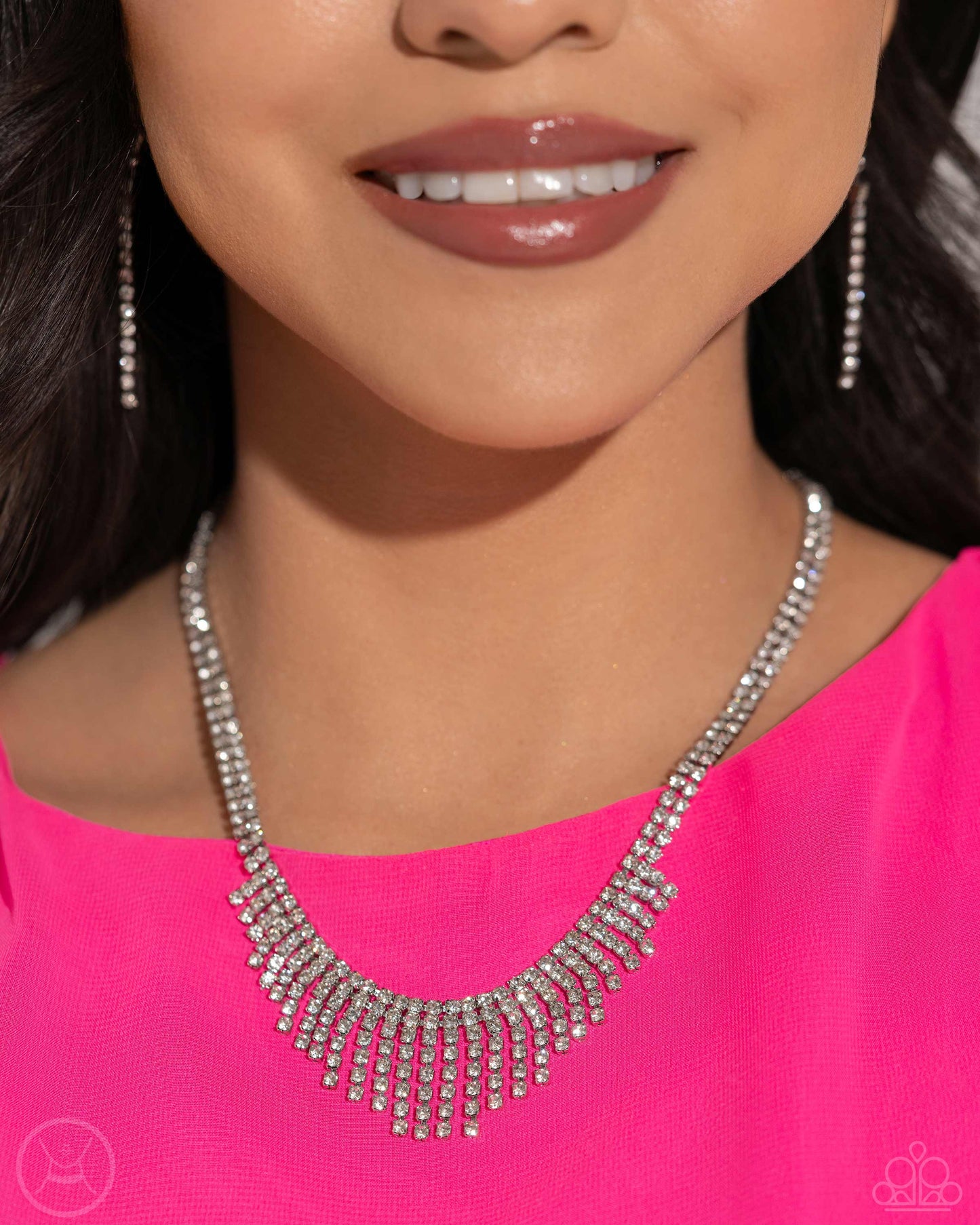 Daring Decadence - White Rhinestone Fringe Silver Choker Necklace - Life of the Party