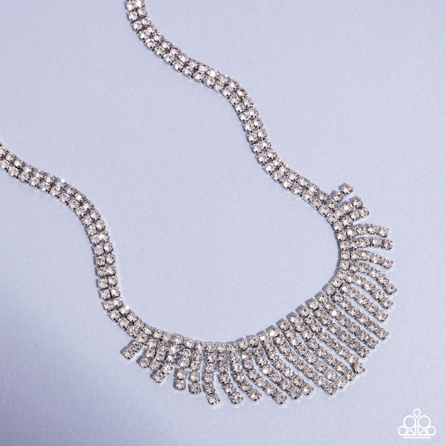 Daring Decadence - White Rhinestone Fringe Silver Choker Necklace - Life of the Party