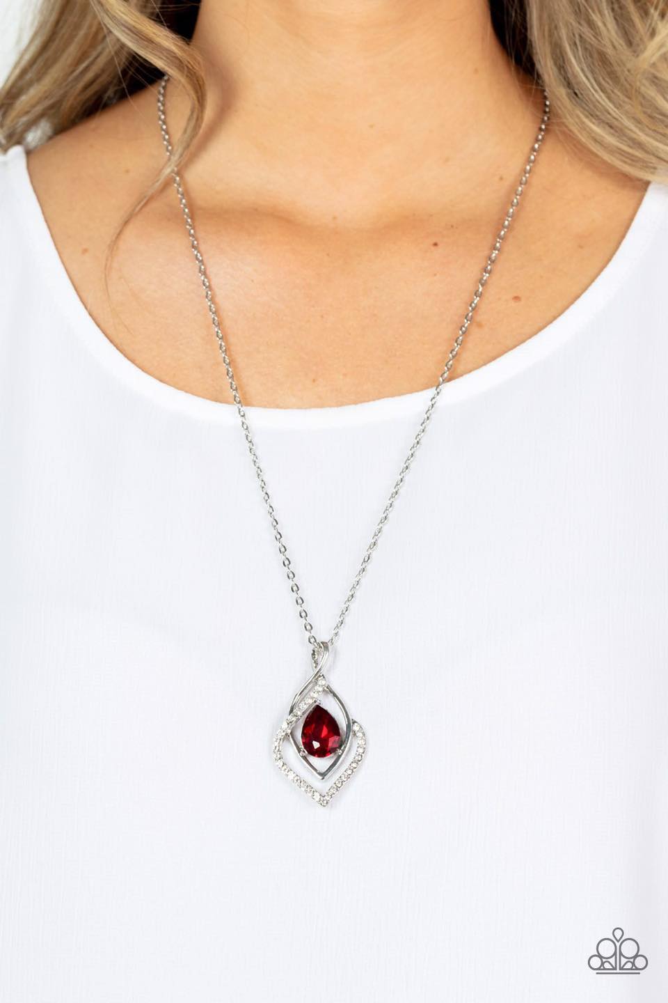 Dauntless Demure - Red Gem Rhinestone Medium Silver Necklace