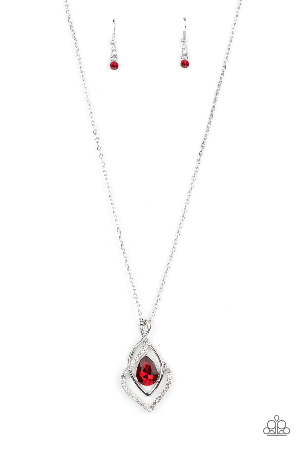 Dauntless Demure - Red Gem Rhinestone Medium Silver Necklace