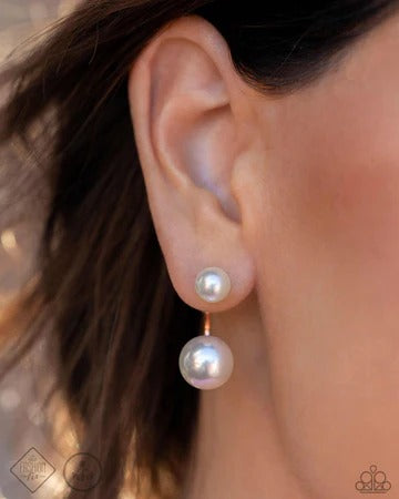 Daydreamy Dawn - Copper White Pearl Jacket Post Earrings - Fashion Fix