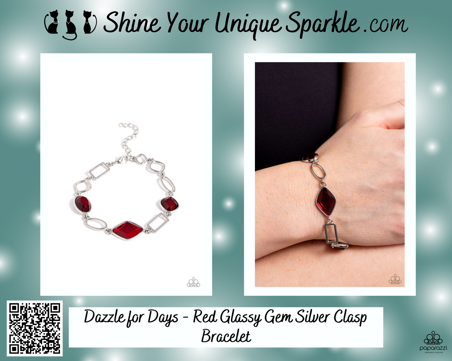 Dazzle for Days - Red Glassy Gem Silver Clasp Bracelet