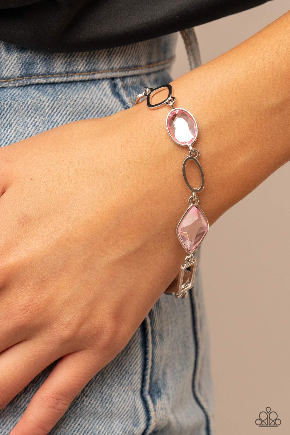 Dazzle for Days - Pink Glassy Gem Silver Clasp Bracelet