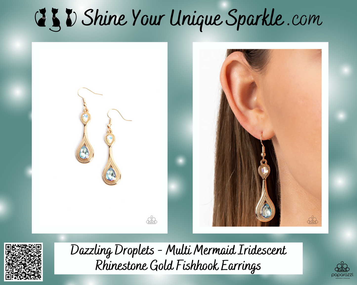 Dazzling Droplets - Multi Mermaid Iridescent Rhinestone Gold Fishhook Earrings