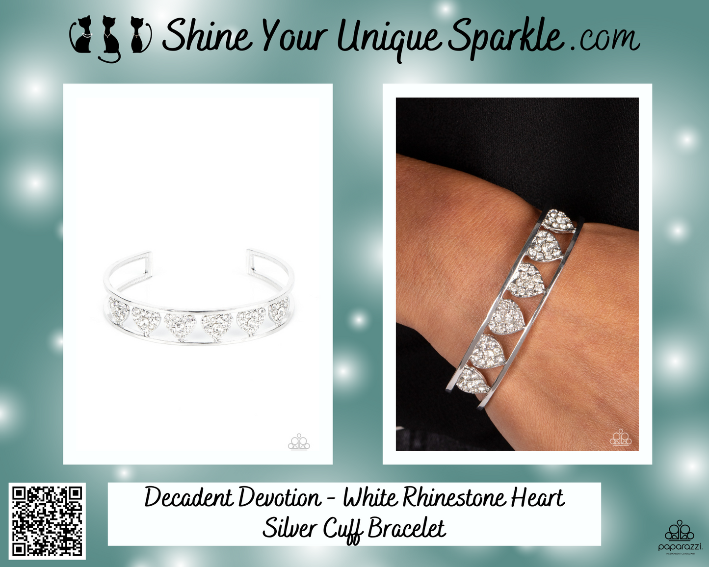 Decadent Devotion - White Rhinestones Heart Silver Cuff Bracelet