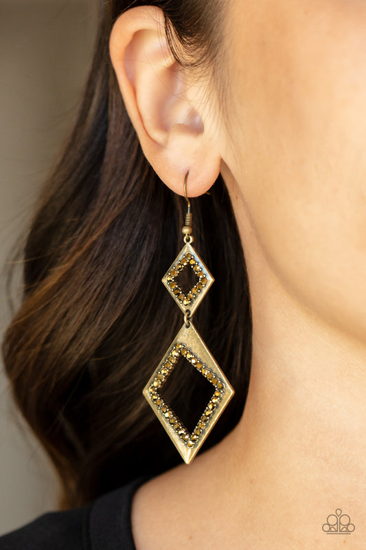 Deco Decoupage - Brass Aurum Rhinestone Geometric Fishhook Earrings