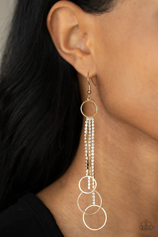 Demurely Dazzling - Gold Circle Rhinestone Drop Fishhook Earrings