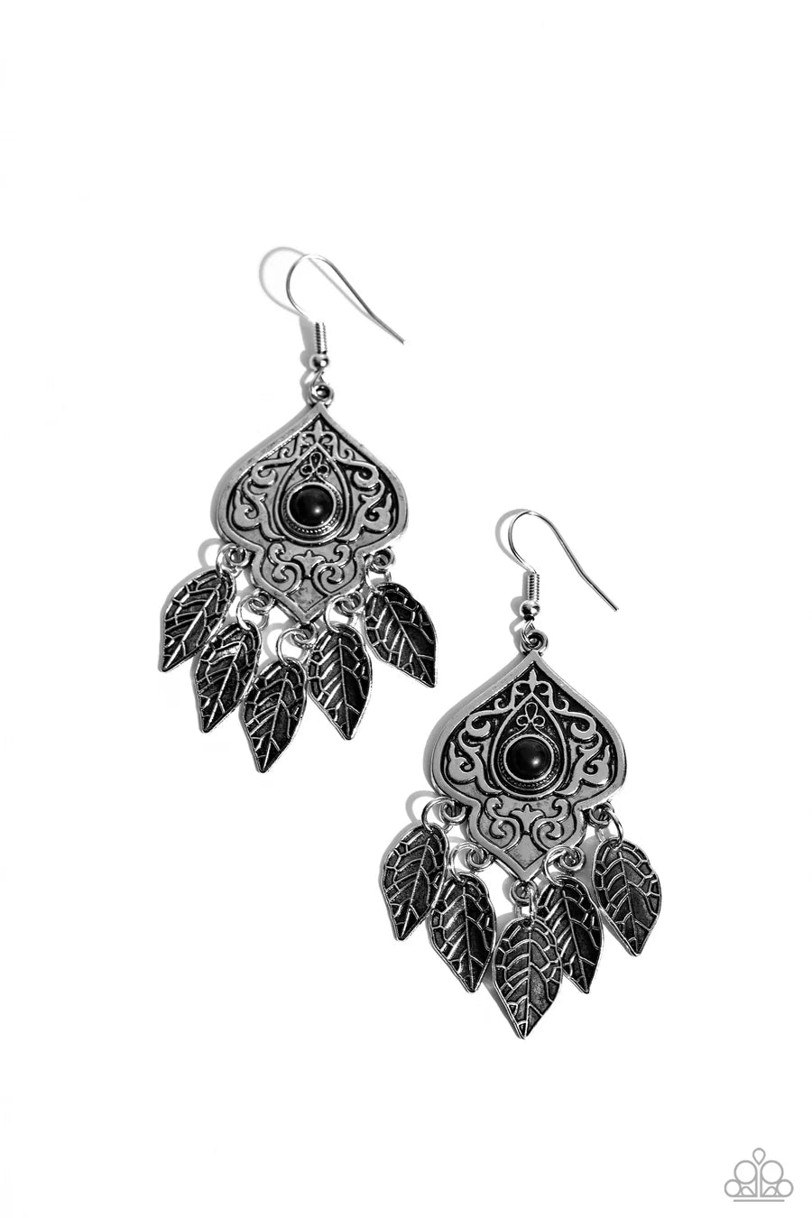 Desert Canopy - Black Stone Silver Filigree Leaf Earrings