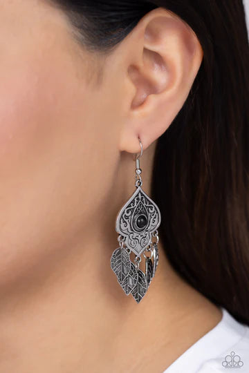 Desert Canopy - Black Stone Silver Filigree Leaf Earrings