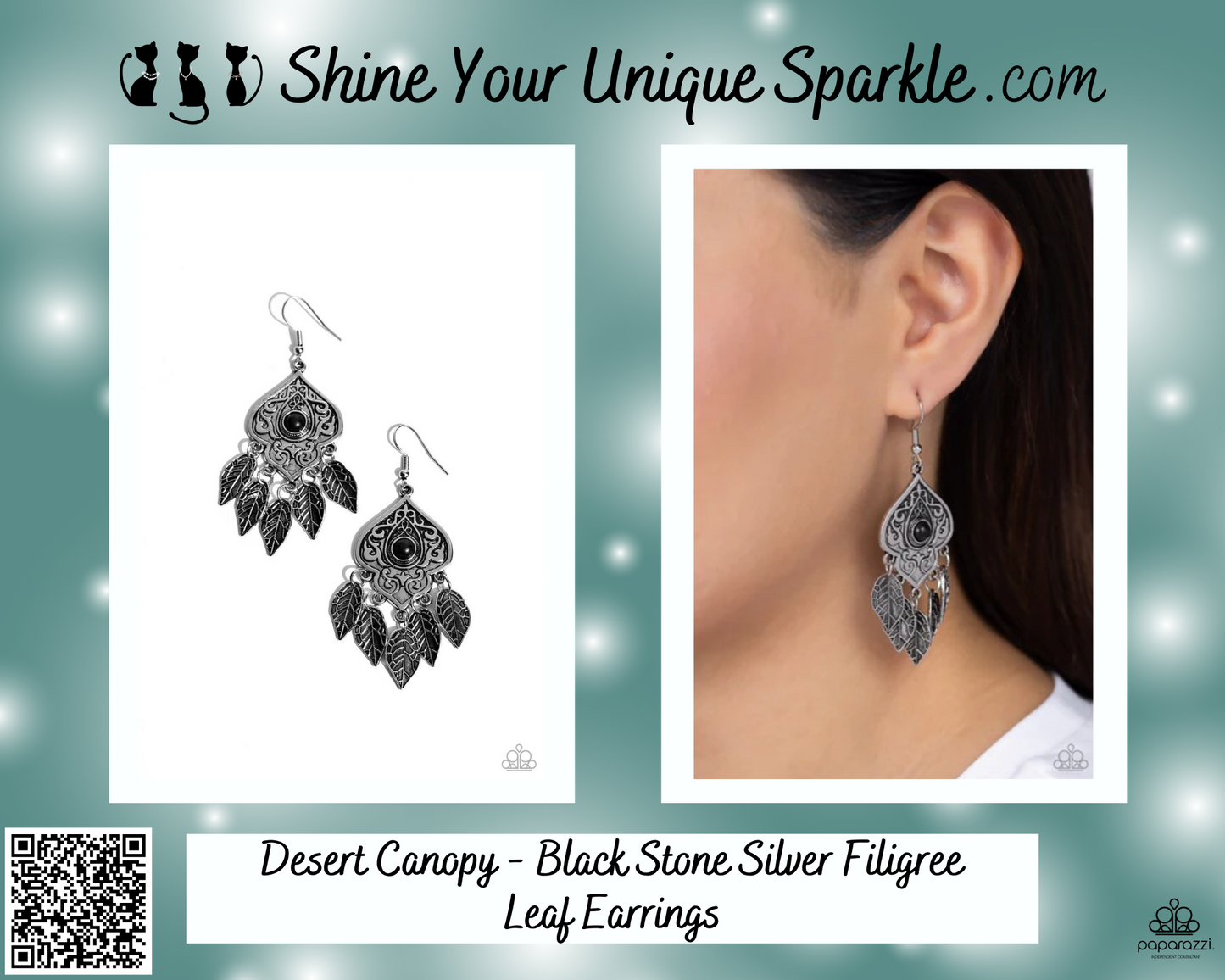 Desert Canopy - Black Stone Silver Filigree Leaf Earrings