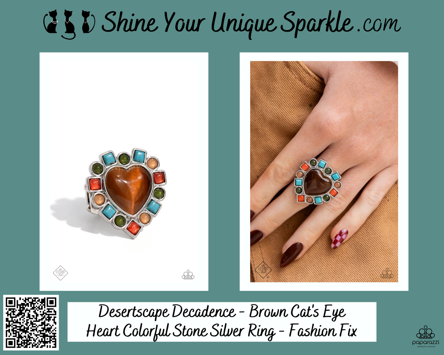 Desertscape Decadence - Brown Cat's Eye Heart Colorful Stone Silver Ring - Fashion Fix