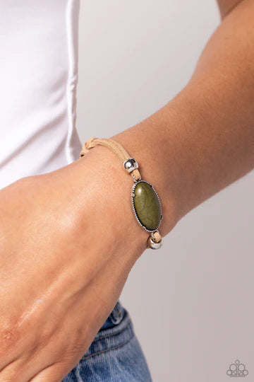 Desertscape Drive - Green Stone Silver Accent Brown Leather Cord Slide Bracelet