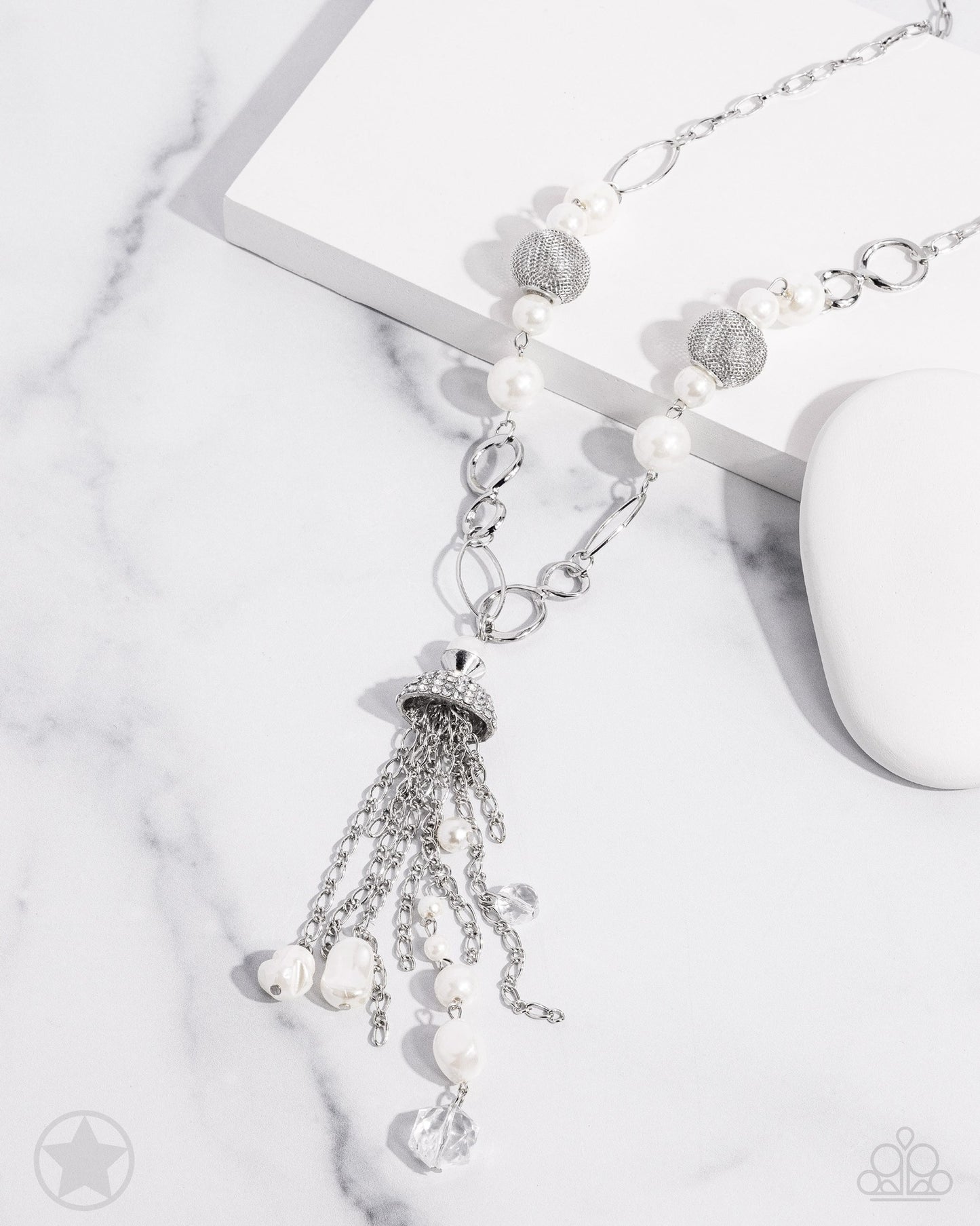 Designated Diva - White Rhinestone, Pearl, Tassel, and Crystal Y Long Necklace - Blockbuster