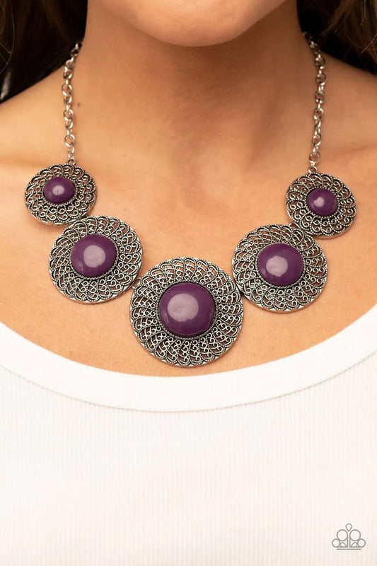 Detail Orientated - Purple Bead Silver Medallion Short Necklace