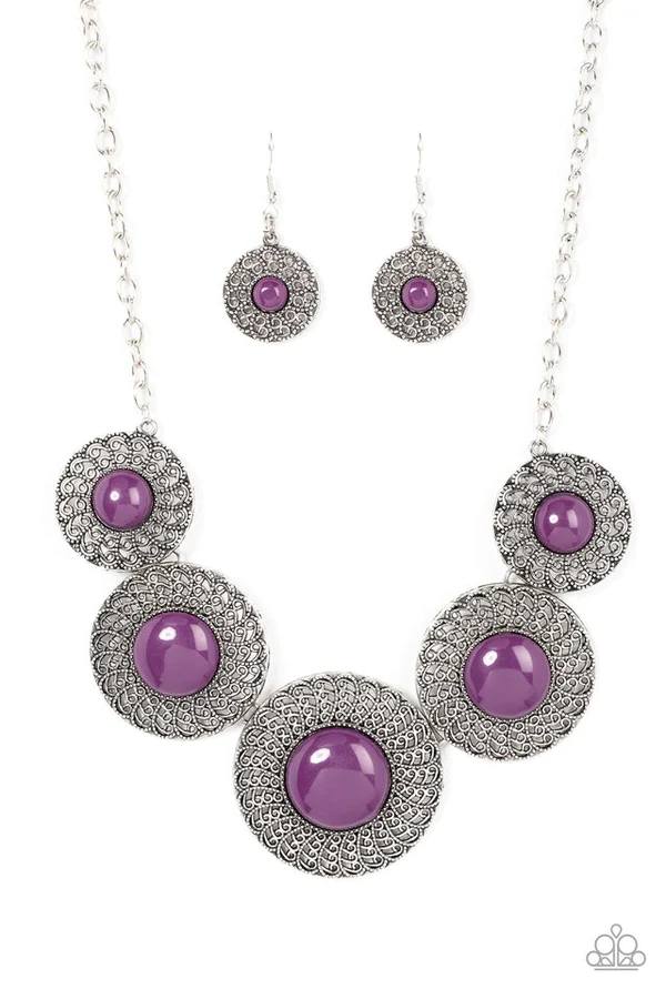 Detail Orientated - Purple Bead Silver Medallion Short Necklace