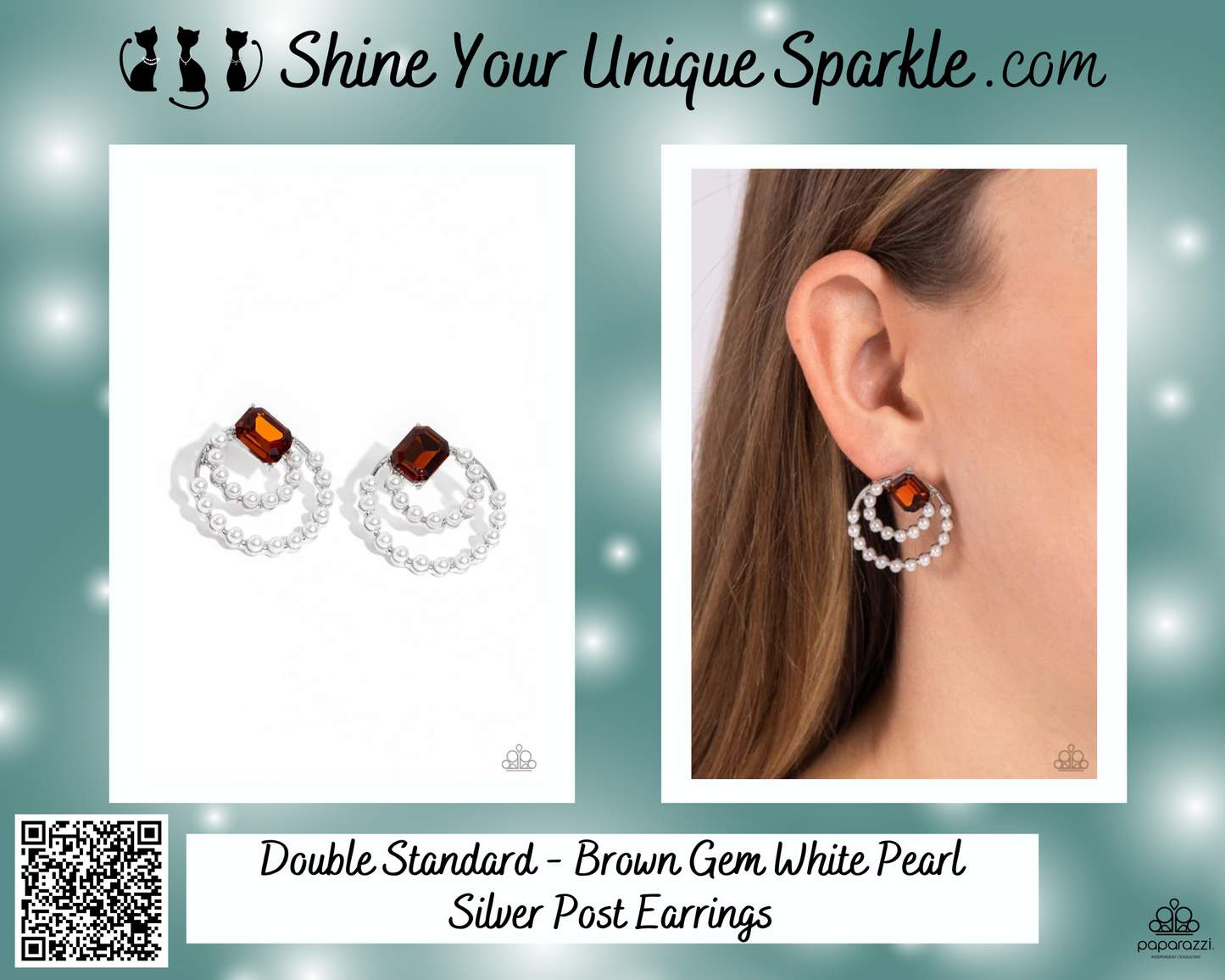 Double Standard - Brown Gem White Pearl Silver Post Earrings