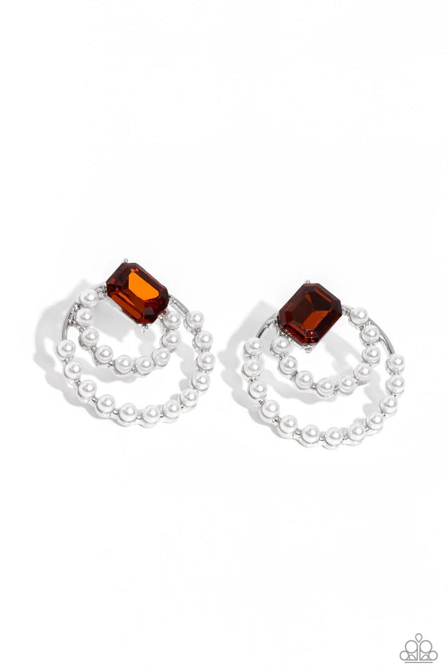 Double Standard - Brown Gem White Pearl Silver Post Earrings