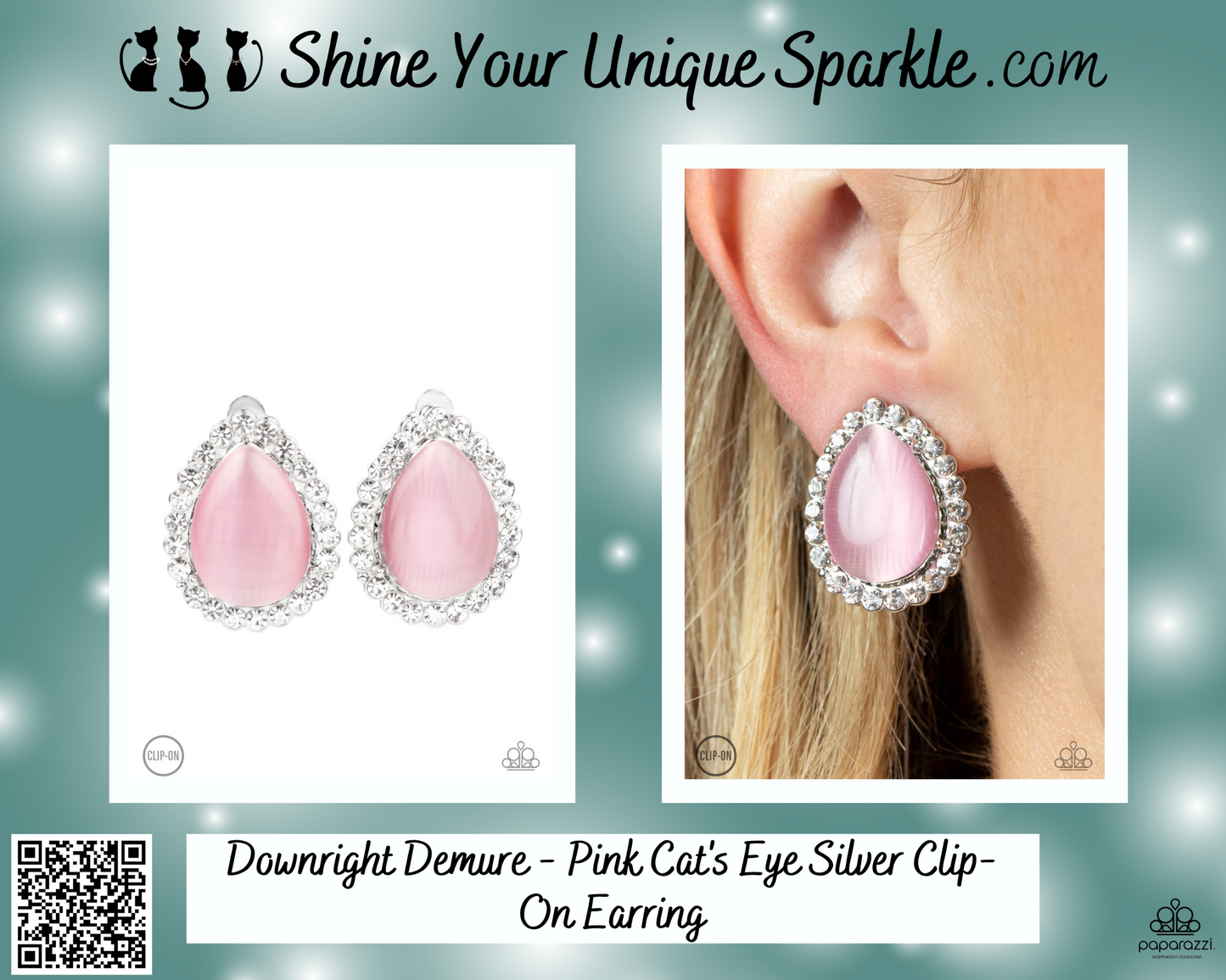 Downright Demure - Pink Cat's Eye Silver Clip-On Earring