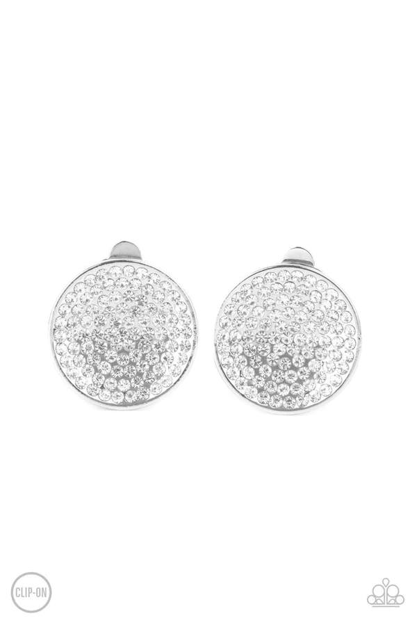 Drama on Demand - White Rhinestone Circle Silver Clip-On Earrings