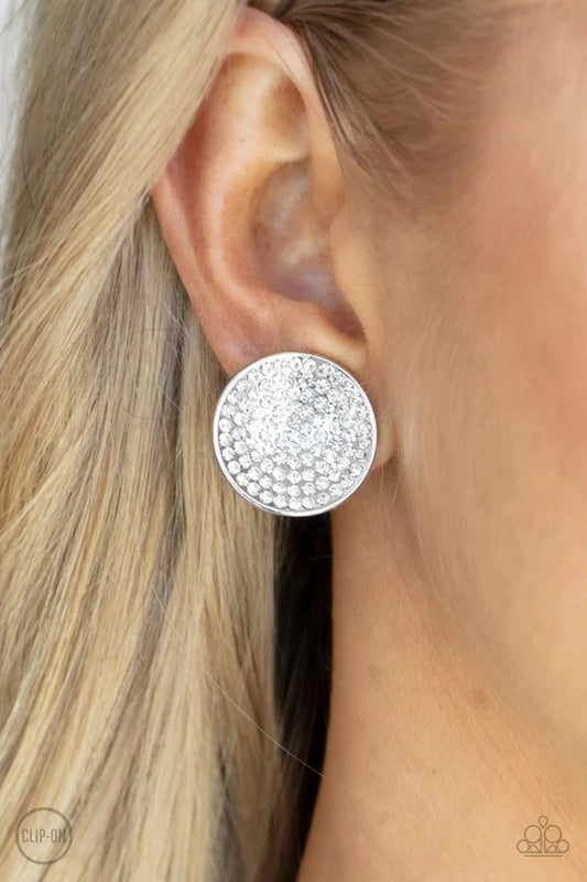 Drama on Demand - White Rhinestone Circle Silver Clip-On Earrings