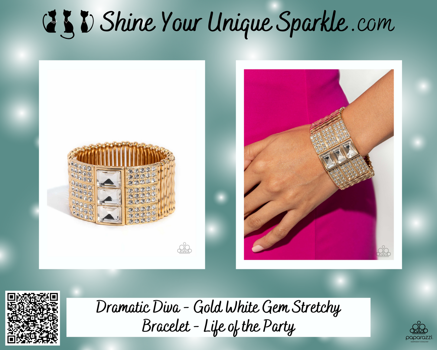 Dramatic Diva - Gold White Gem Stretchy Bracelet - Life of the Party