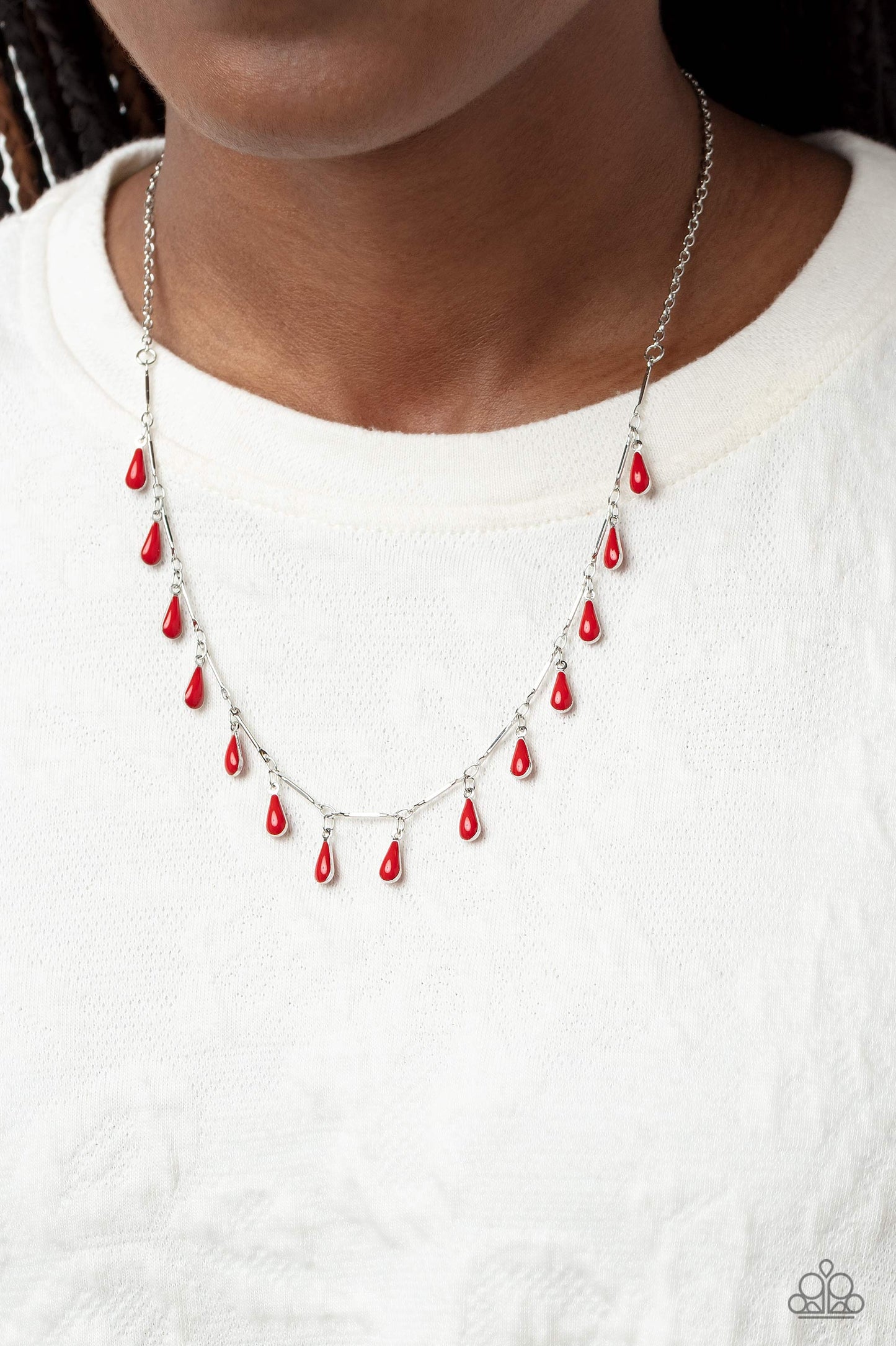 Drop-Dead Dance - Red Bead Silver Dainty Short Necklace