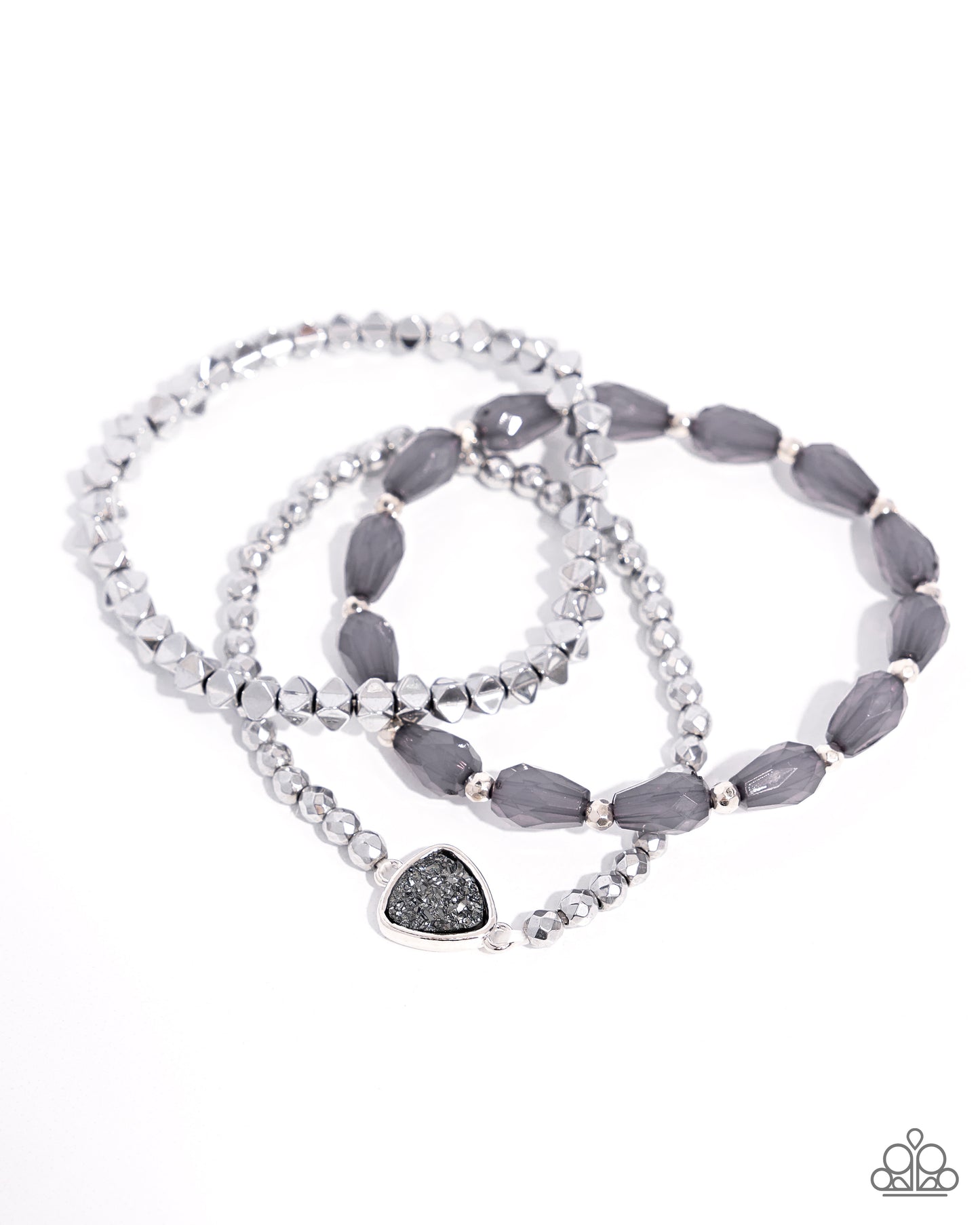 Druzy Decadence - Silver Hematite Druzy Gray Bead Stretchy Bracelet Set