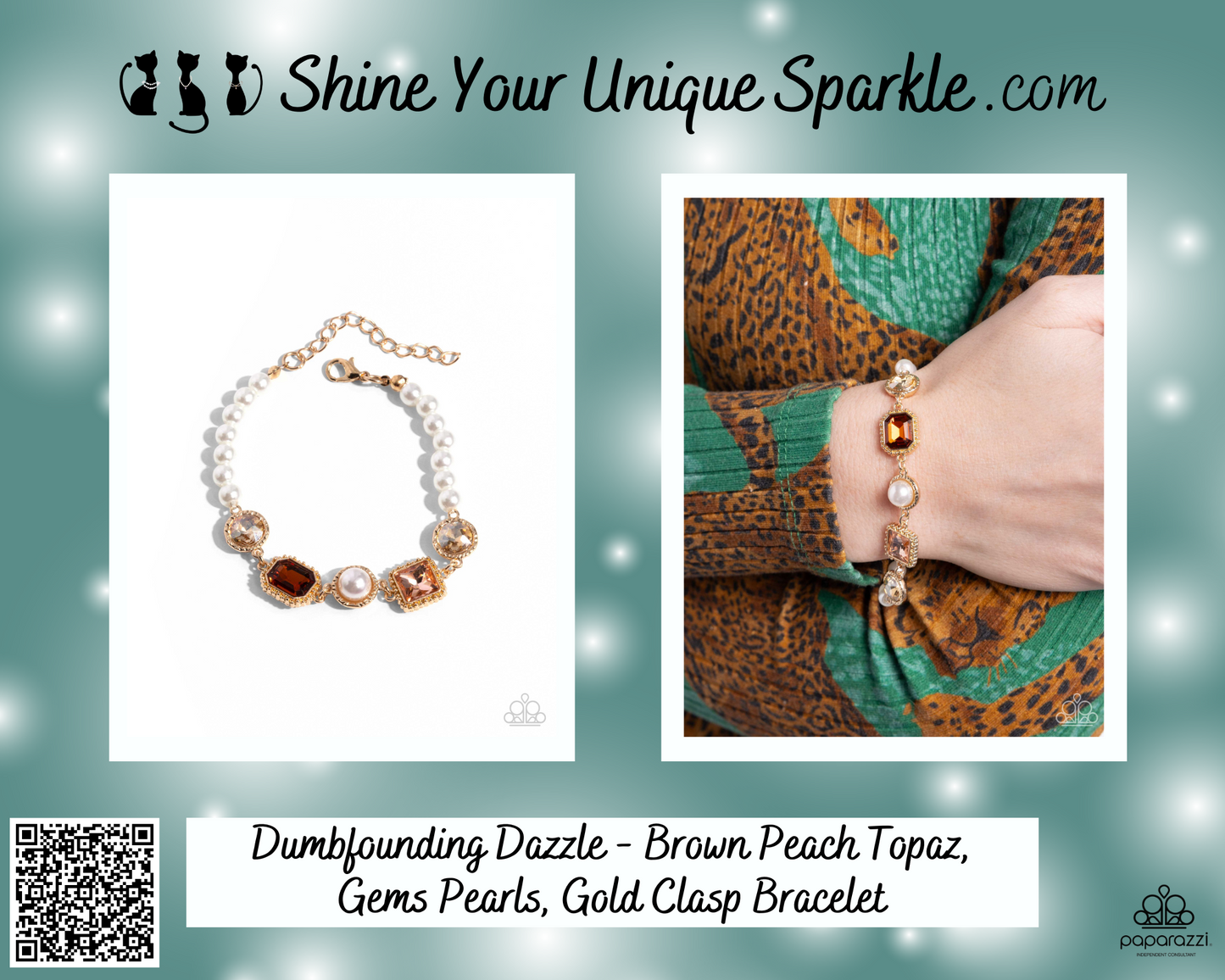 Dumbfounding Dazzle - Brown Peach Topaz, Gems Pearls, Gold Clasp Bracelet