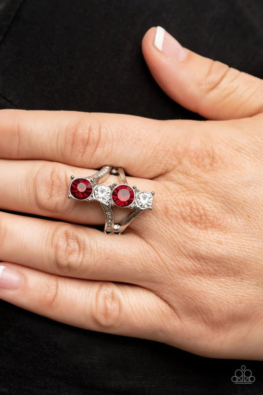 Duplicating Dazzle - Red and White Rhinestone Silver Ring