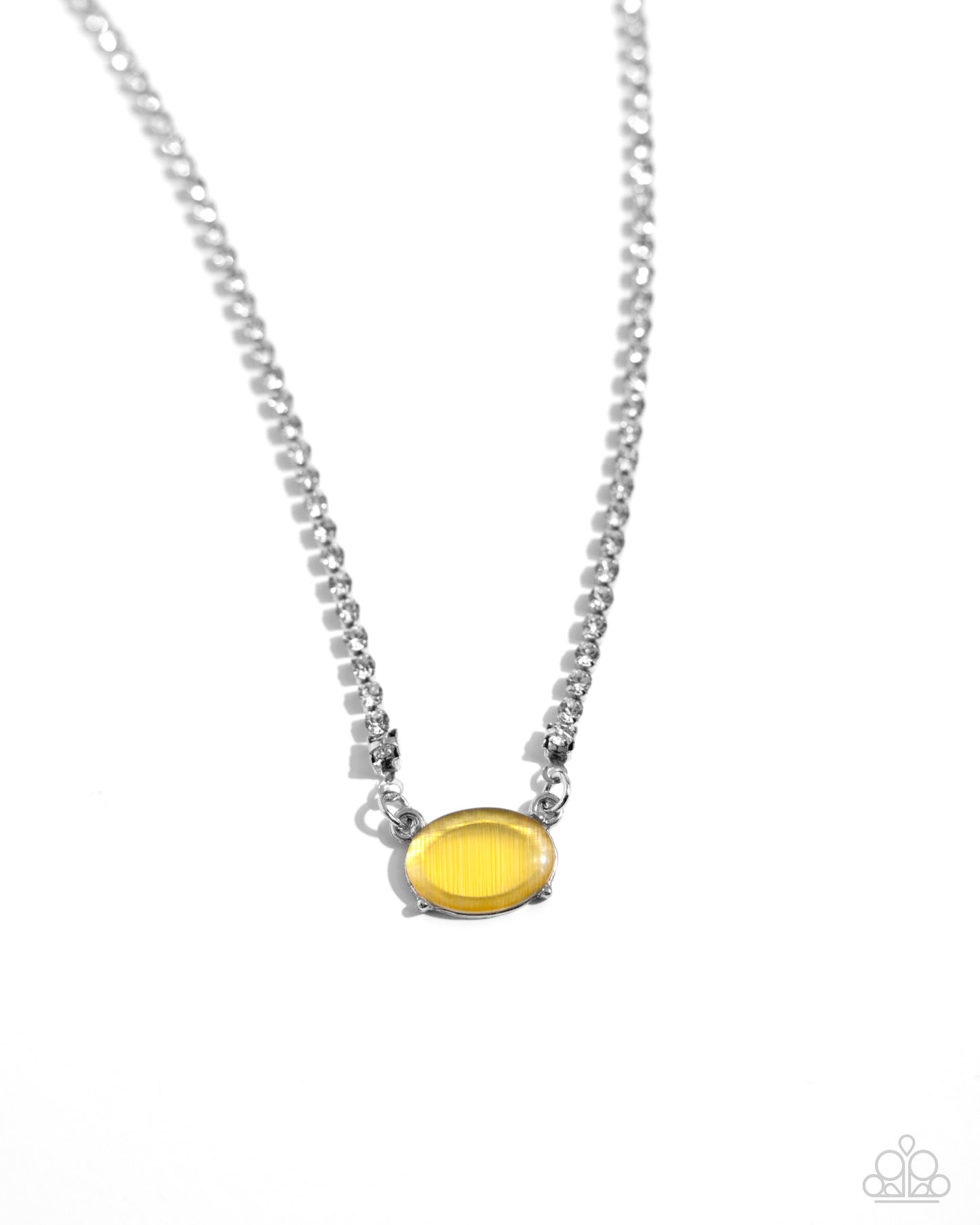 Dynamic Delicacy - Yellow Cat's Eye Silver Rhinestone Short Necklace