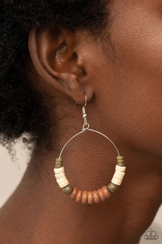 Earthy Esteem - Brown White and Green Bead Silver Circle Fishhook Earrings