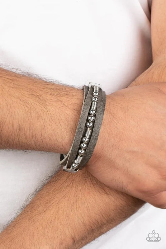 Easy on the Hardware - Silver Accent Gray Leather Wrap Bracelet