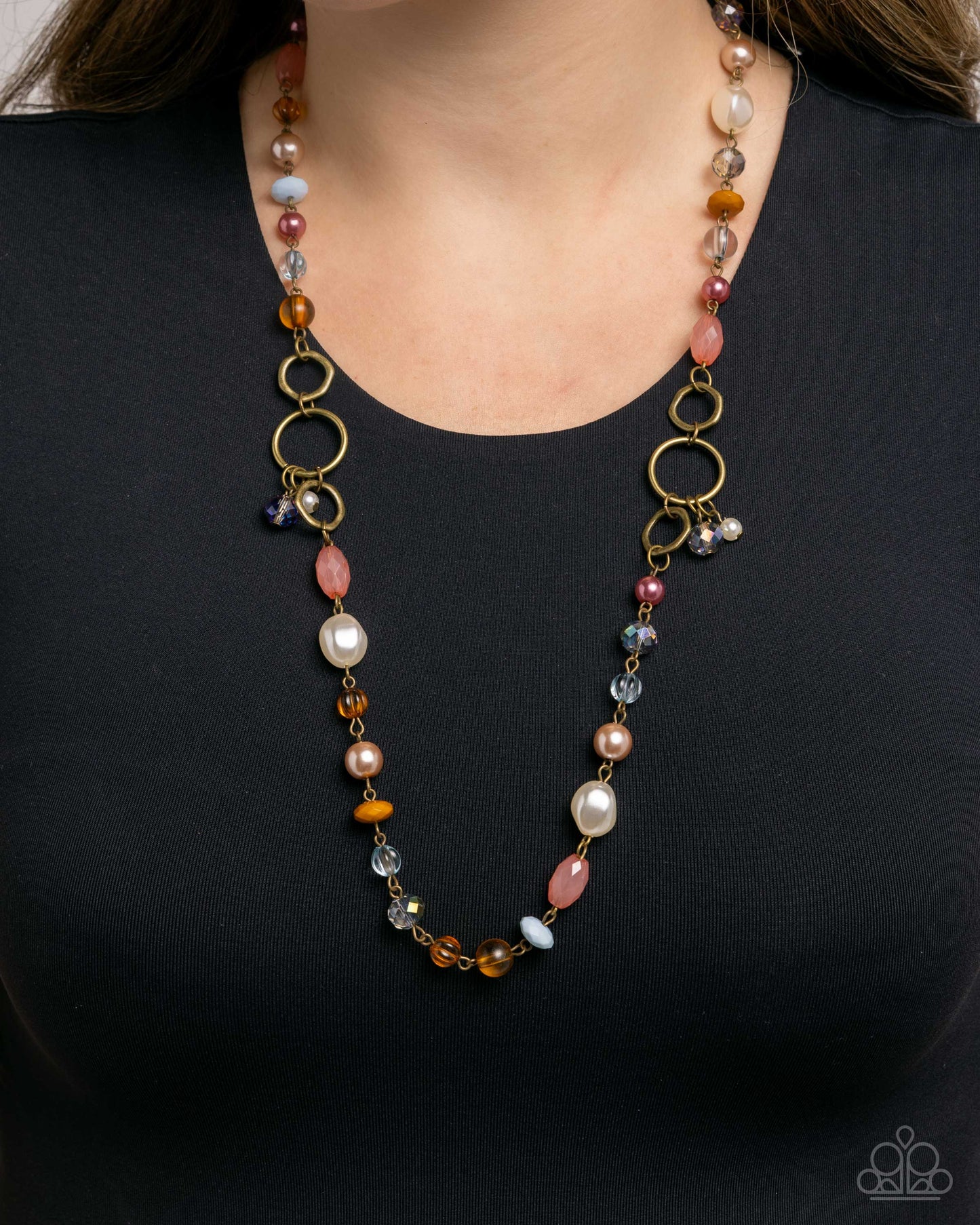 Eclectic Embrace - Brass Pink Brown Pearl Bead Long Necklace