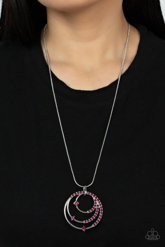 Ecliptic Elegance - Pink Rhinestone Silver Medium-Length Necklace