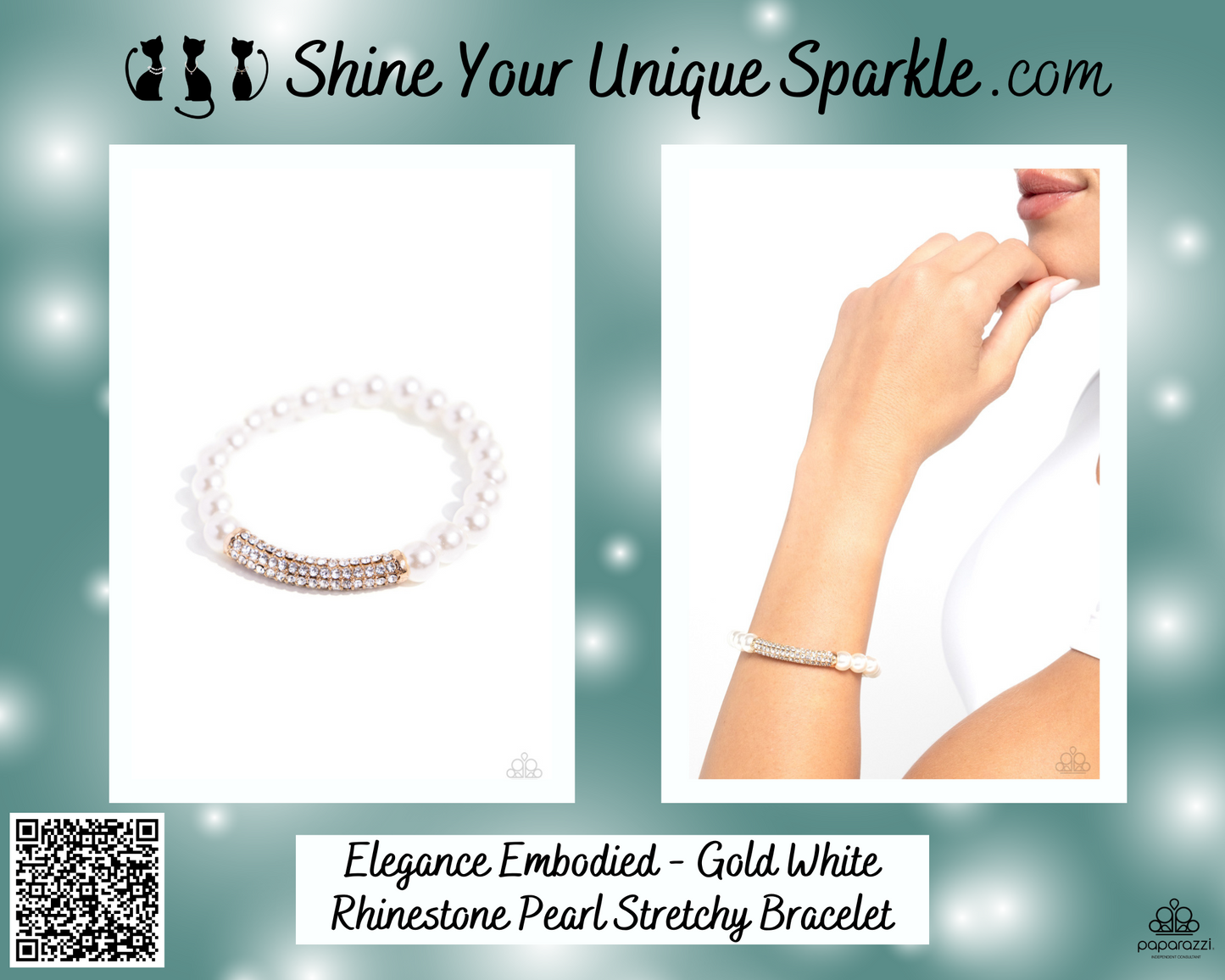 Elegance Embodied - Gold White Rhinestone Pearl Stretchy Bracelet