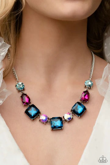 Elevated Edge - Multi Pink Blue Iridescent Gem Silver Short Necklace - Life of the Party, March 2023