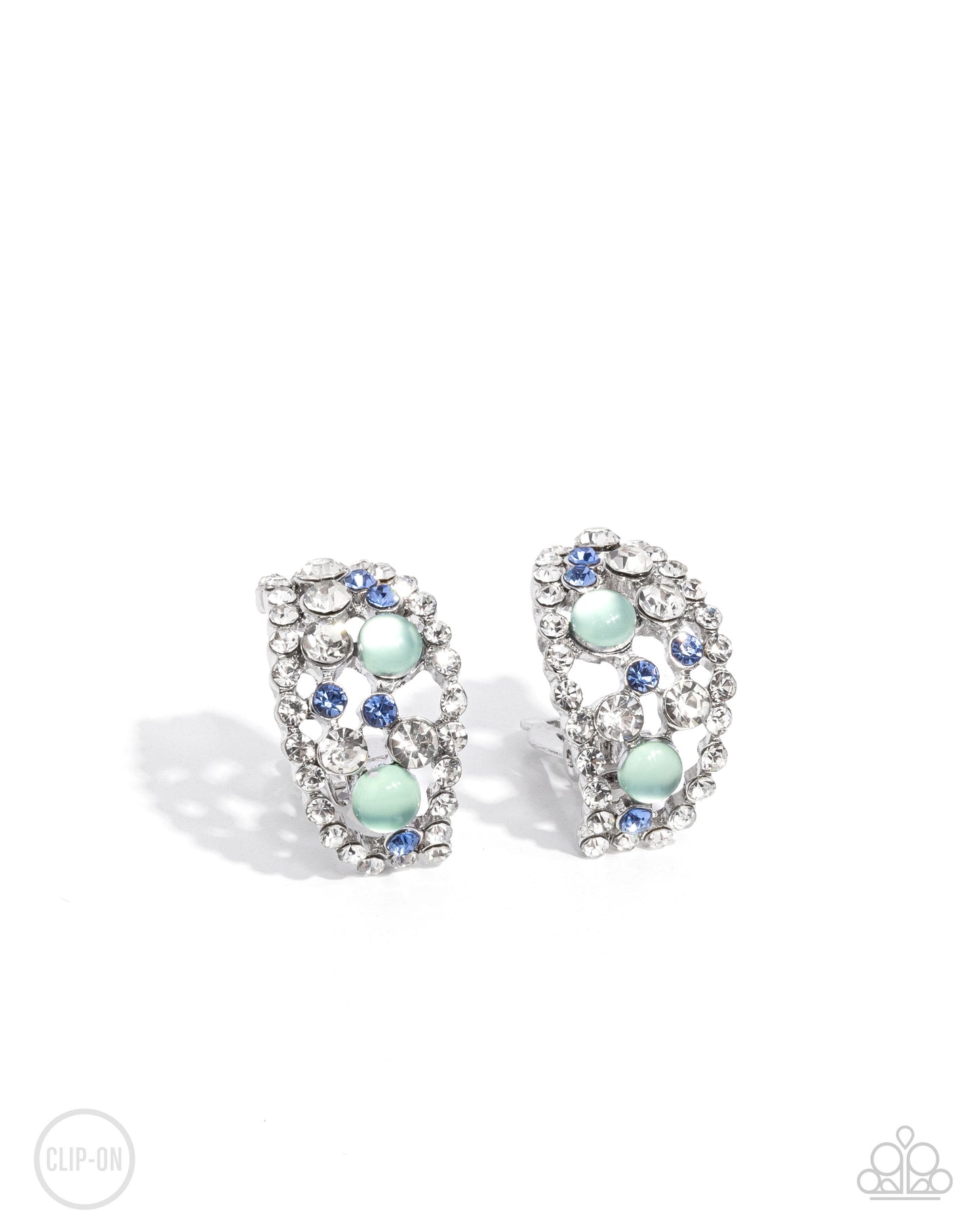 Elite Embrace - Green Blue White Rhinestone Silver Clip-On Earrings