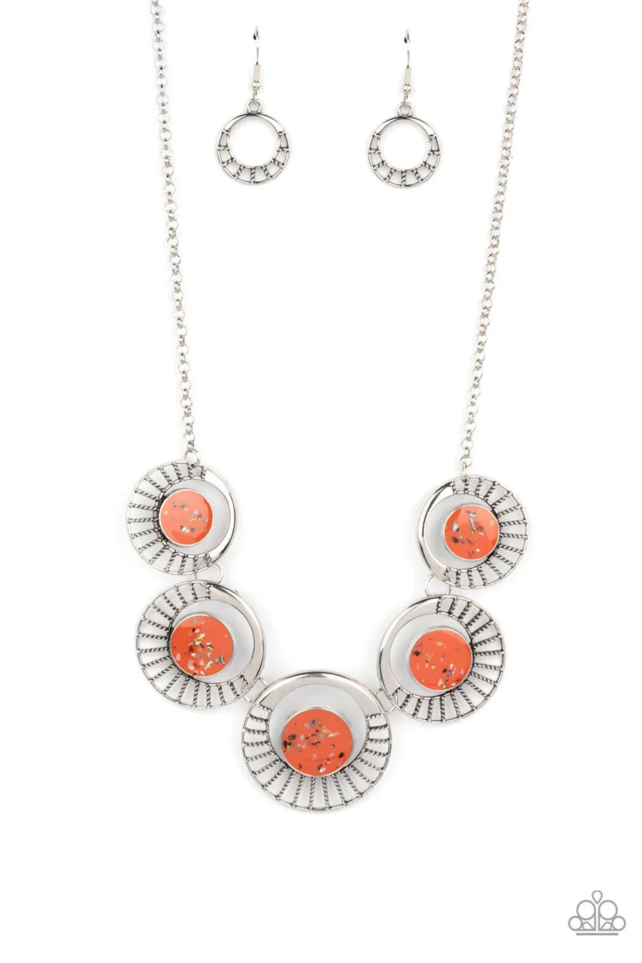 Elliptical Effervescence - Orange Iridescent Flecked Bead Silver Short Necklace