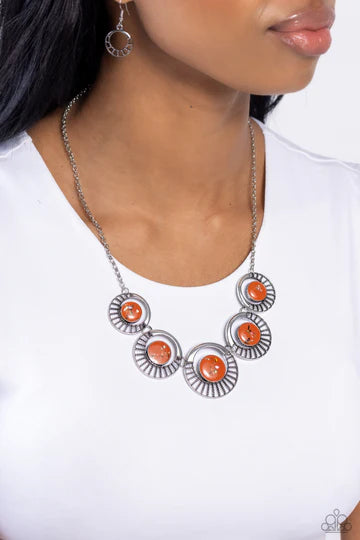 Elliptical Effervescence - Orange Iridescent Flecked Bead Silver Short Necklace