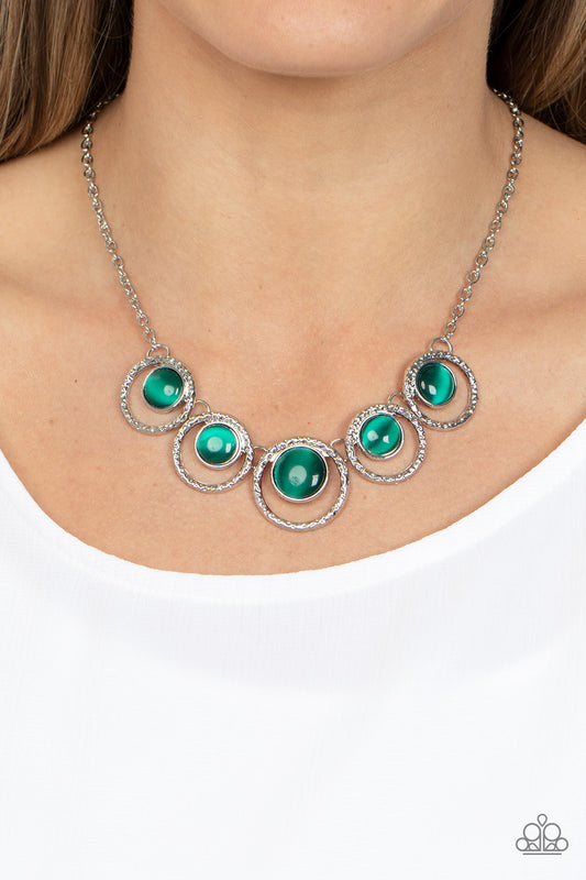 Elliptical Enchantment - Green Cat's Eye Silver Circle Short Necklace