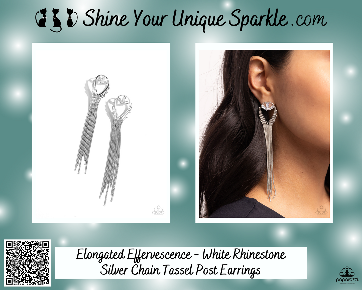 Elongated Effervescence - White Rhinestone Silver Chain Tassel Post Earrings