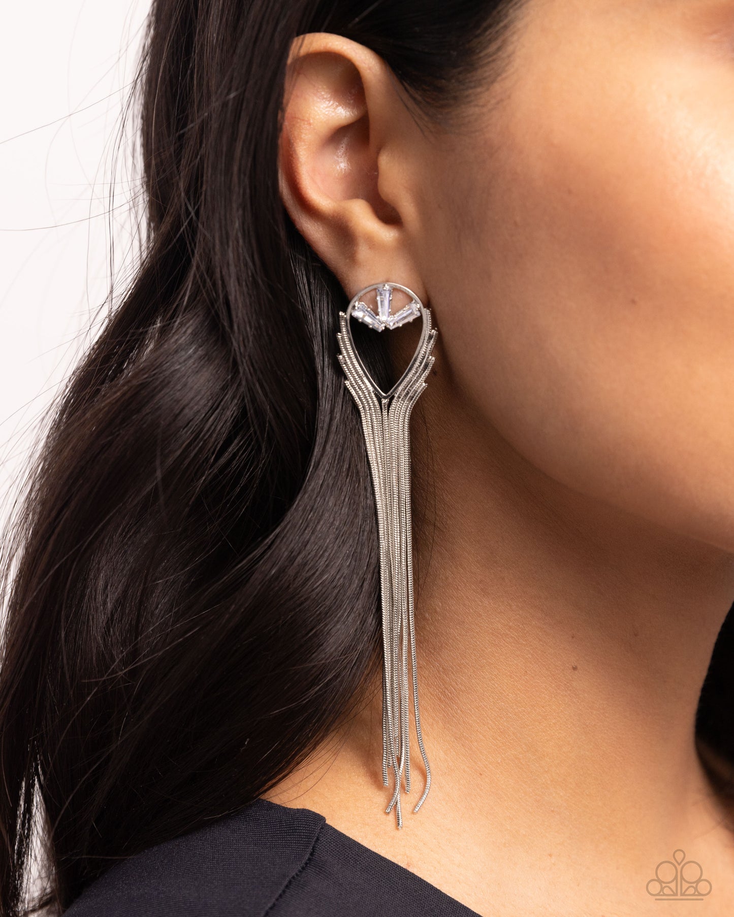 Elongated Effervescence - White Rhinestone Silver Chain Tassel Post Earrings