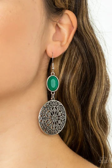 Eloquently Eden - Green Bead Silver Fishhook Earrings