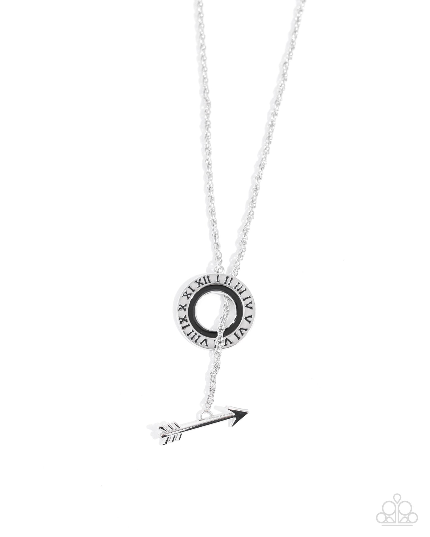 Embodying Enjoyment - Black Roman Numeral Circle Silver Arrow Toggle Long Necklace