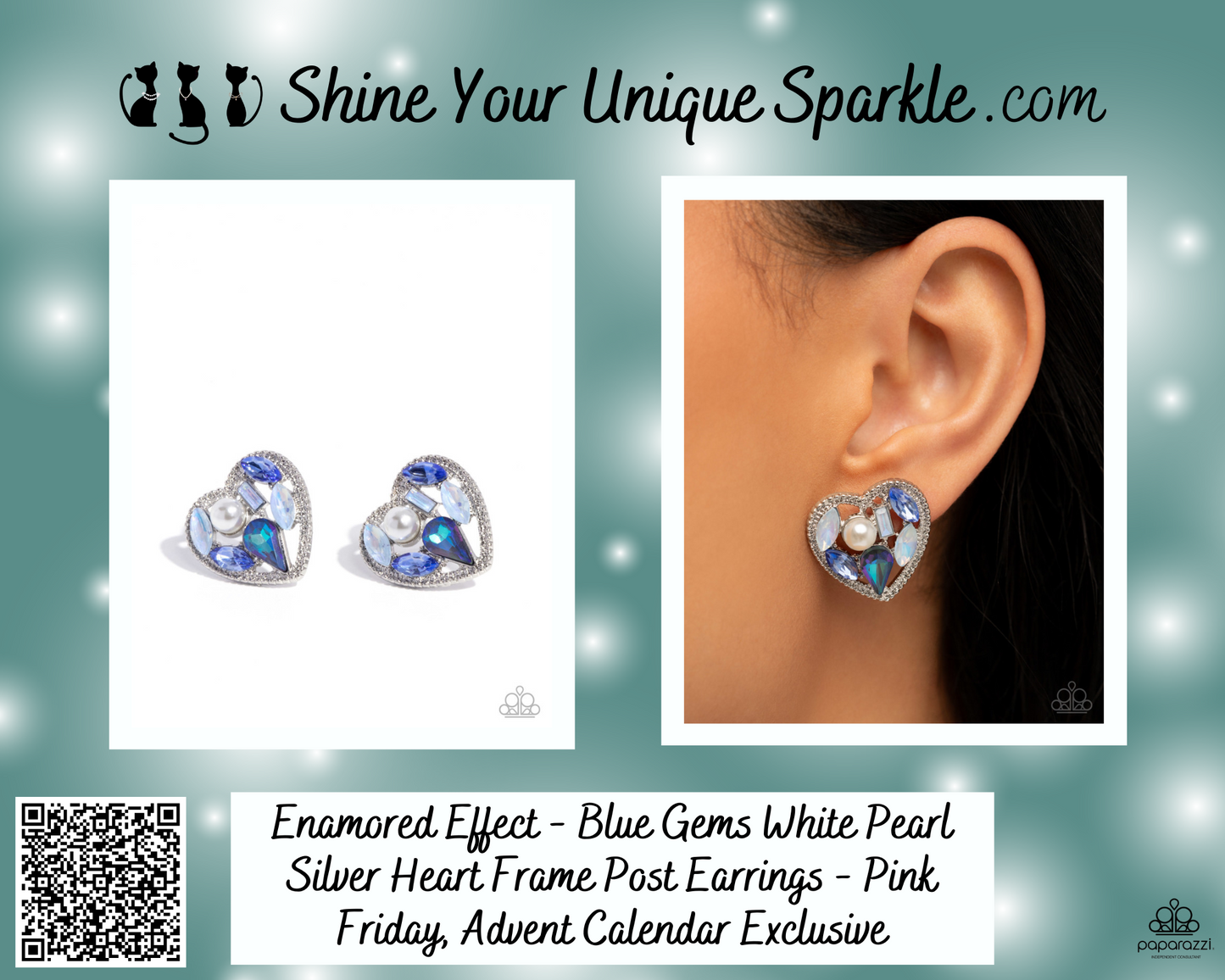 Enamored Effect - Blue Gems White Pearl Silver Heart Frame Post Earrings - Pink Friday, Advent Calendar Exclusive