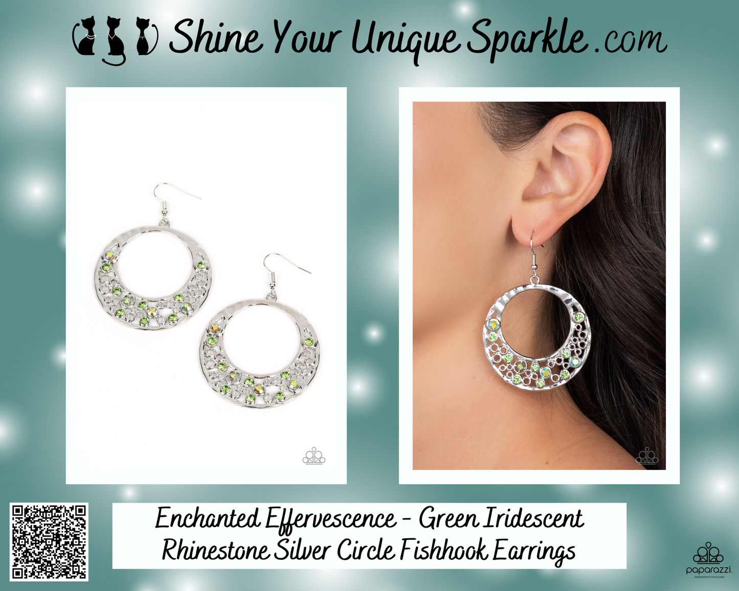Enchanted Effervescence - Green Iridescent Rhinestone Silver Circle Fishhook Earrings