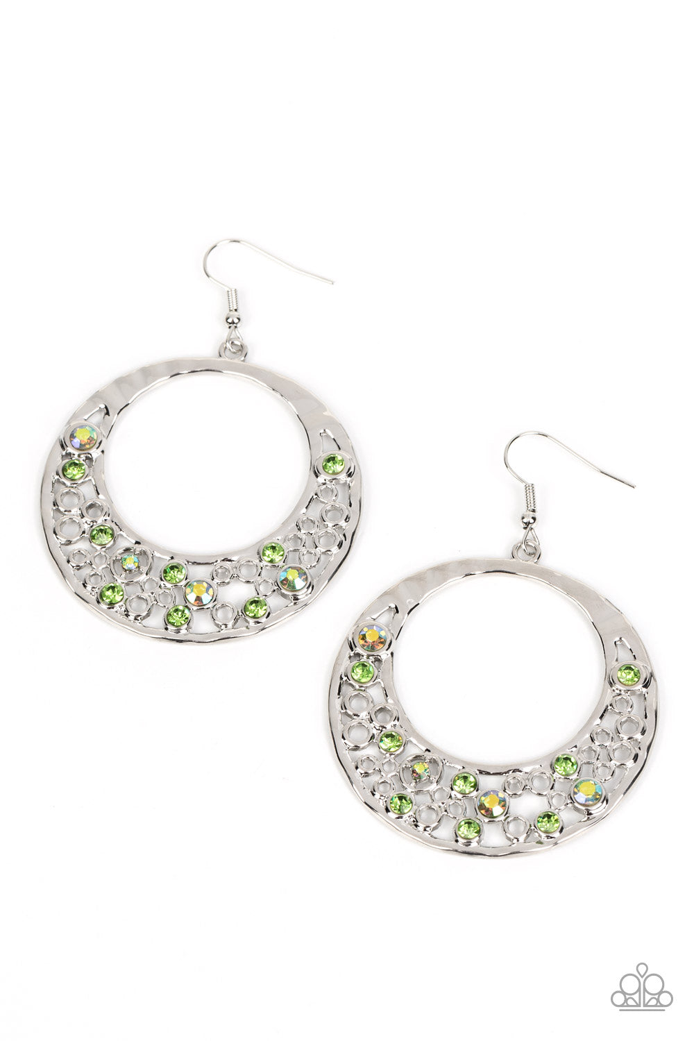Enchanted Effervescence - Green Iridescent Rhinestone Silver Circle Fishhook Earrings