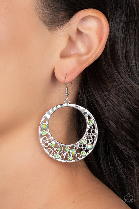 Enchanted Effervescence - Green Iridescent Rhinestone Silver Circle Fishhook Earrings